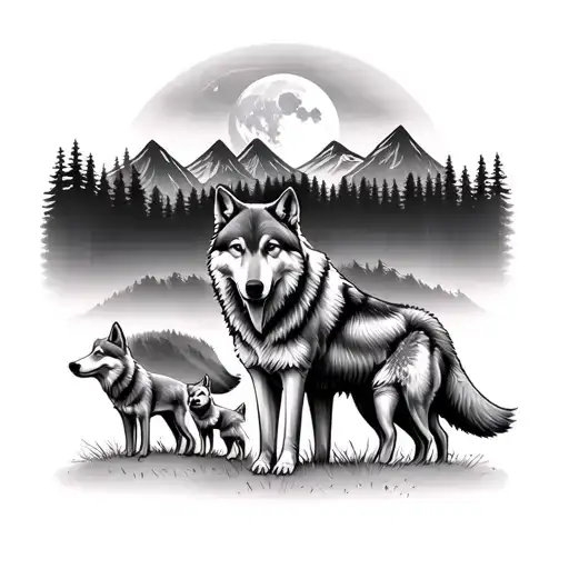 wolf family dedication of mum dad and 2 children with moon, mountains and forrest background tattoo design idea