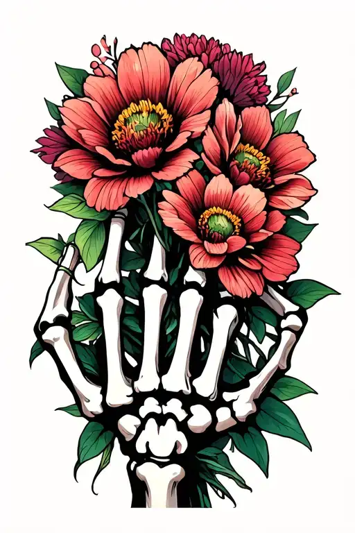 Skeleton hand with Japanese death flower bouquet tattoo design idea