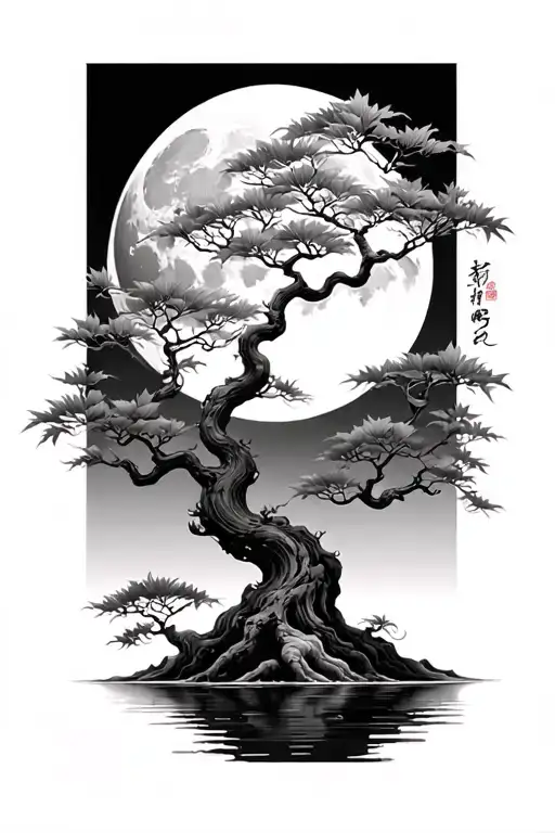 Japanese maple tree with leaves moon tattoo design idea