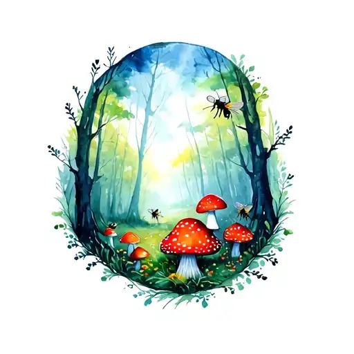 bees and red mushroom forest landscape tattoo design idea
