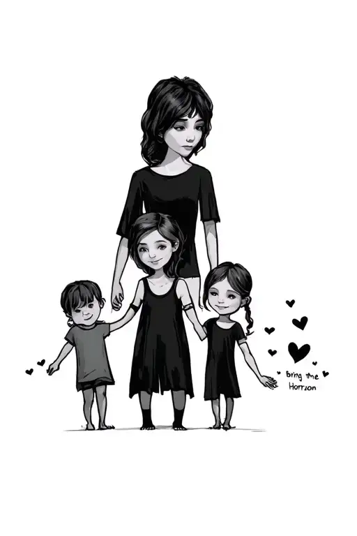 bring me the horizon accompanied by 2 children and a mum holding hands tattoo design idea