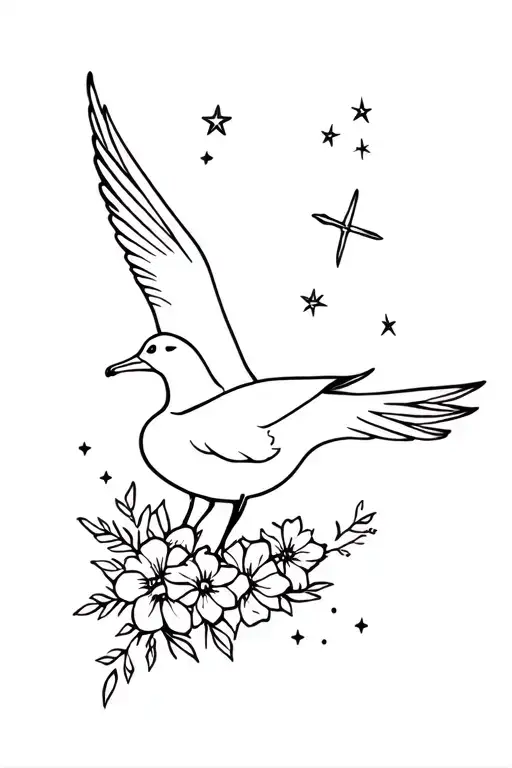 albatross bird, flowers surrounding, stars shining tattoo design idea