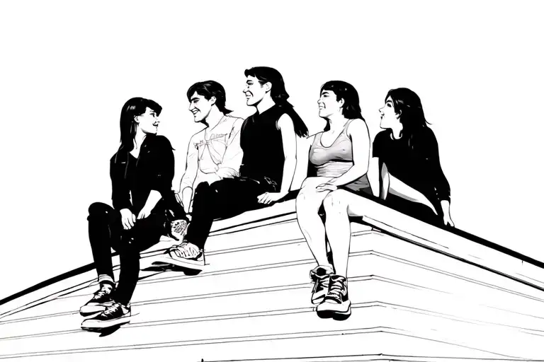 four friends sitting on a roof the people are in all black tattoo design idea