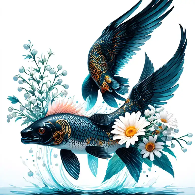 jumping Up out of water black white koi with phoenix wings, bouquet with an aster, a daisy, a lily of the valley tattoo design idea
