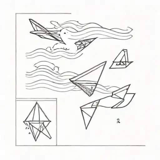 Small Fine line tattoo about travel, an ocean wave, a paper airplane, and love  tattoo design idea