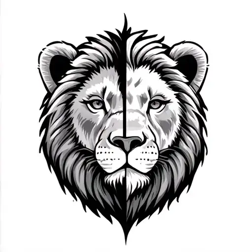 Half lion head and half bear head. a cross over the lions eye tattoo design idea