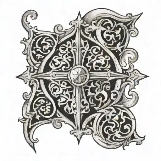 Incorporate intricate patterns from medieval tapestries into a black and grey tattoo inspired by church stained glass windows tattoo design idea