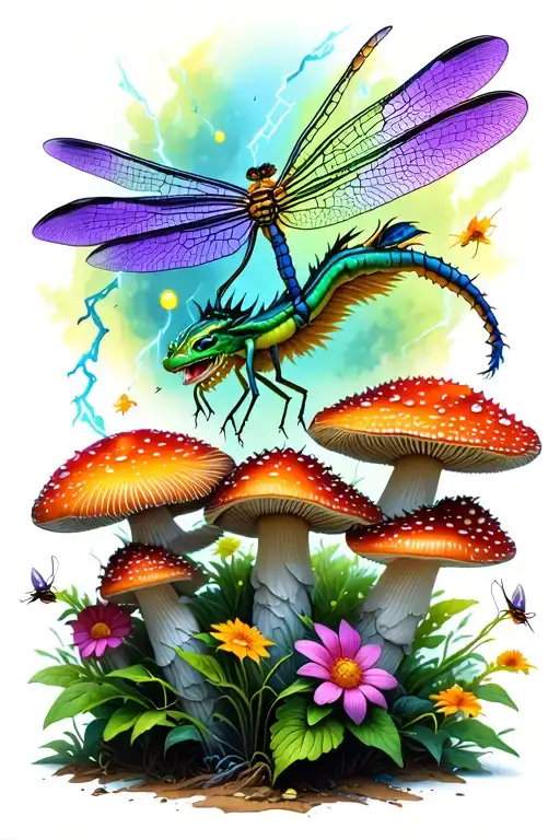 green, purple, and blue dragon fly perched on a group of psychedelic mushrooms with flowers and lightning bugs and littl tattoo design idea