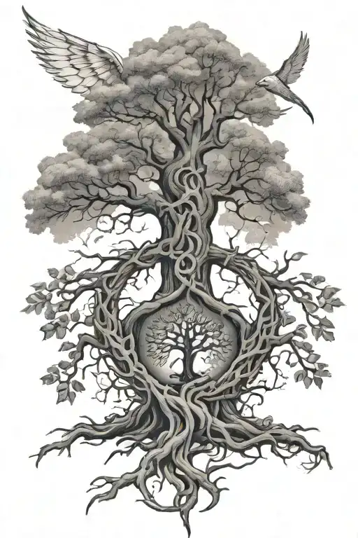 a back tattoo of Yggdrasil in the middle of the back with the roots going down to the but. the wings of a valkyrie tattoo design idea