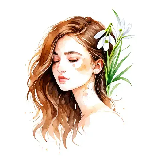 woman with long brown hair and open snowdrop flower on the head tattoo design idea