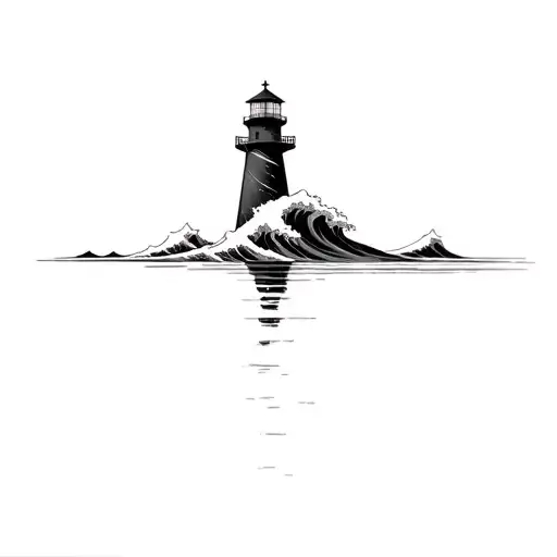 light house with very large japanese style waves barelling in front  tattoo design idea