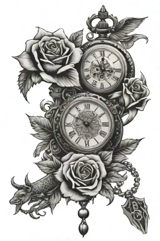 pocket watch, rose, fish, deer, king and queen crowns, 4 aces tattoo design idea