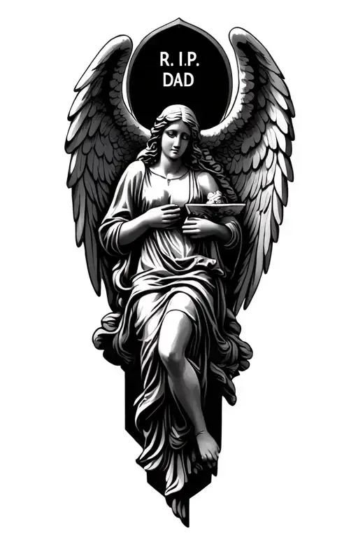"R.I.P DAD" grave stone angel laying tattoo design idea