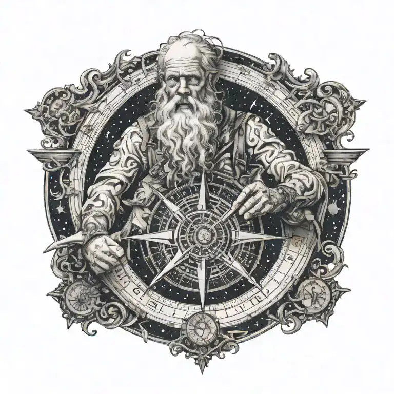 Father Time with tattoos, crying, holding a nautical compass, square and compass,  starry night background tattoo design idea