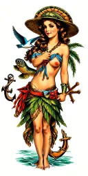 Nautical including shellback turtle, crossed cannons, hula girl, anchor, and swallows tattoo design idea