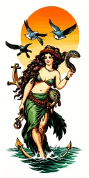 Nautical including shellback turtle, crossed cannons, hula girl, anchor, and swallows tattoo design idea