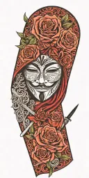 v for vendetta mask, hat with women holding knifes, rosses. qr code tattoo design idea