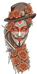 v for vendetta mask, hat with women holding knifes, rosses. qr code tattoo design idea