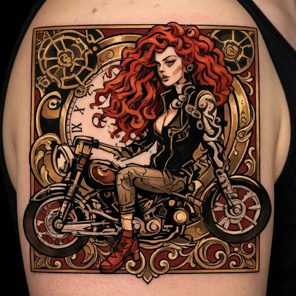 girl with curly red hair wearing biker clothes tattoo design idea