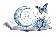 waxing crescent moon, rain, books, biological human heart, crystals and butterfly.  tattoo design idea