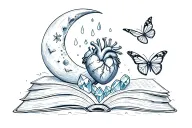 waxing crescent moon, rain, books, biological human heart, crystals and butterfly.  tattoo design idea