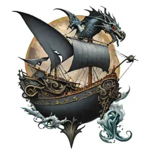 black pearl ship around dragon flying tattoo design idea
