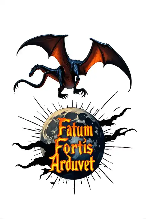 glowing full moon, pterodactyl in rays, Latin quote Fatum Fortis Arduvet in fiery script,T-rex tattoo design idea