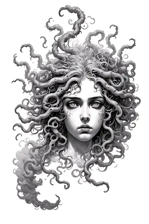 medusa surrounded by clouds forming into"that while time may lessen the pain the wounds themselves remain and are cover" tattoo design idea