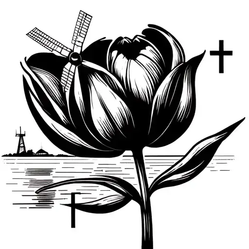a tulip with the three crosses of Amsterdam and a windmill on a horizon line. Very masculine tattoo design idea