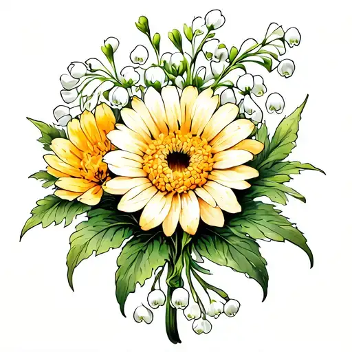 Lily of the valley, chrysanthemums, aster, marigold (single flowers) tattoo design idea