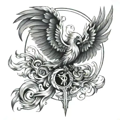 cross and phoenix rising tattoo design idea