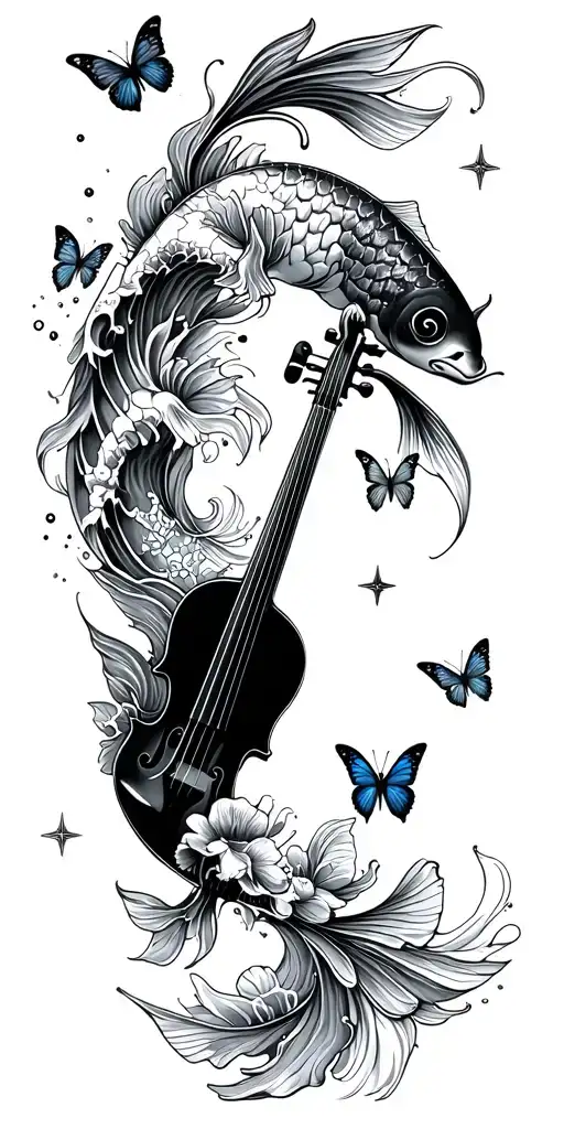 waves background with violin koi fish stars and butterflies blended in tattoo design idea