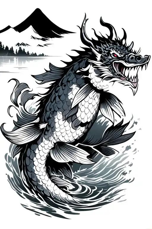 apanese koi carp demon oni running river dojo with mount fuji in the background tattoo design idea