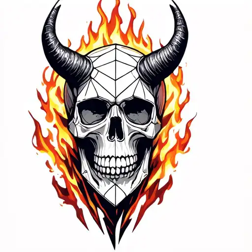 skull with horns surrounded by fire tattoo design idea