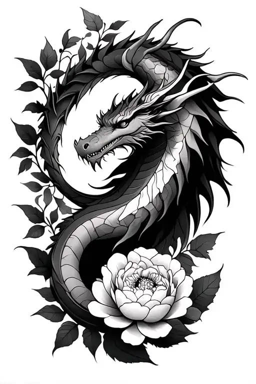 create a tattoo of a mystical dragon, peonies and leaves for an arm sleeve that is femine with shading and fine lines tattoo design idea