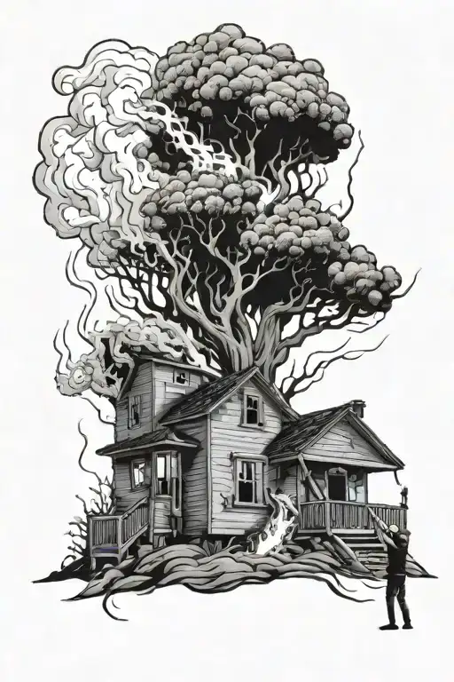 A house is on fire and a man standing helplessly with both arms raised above his head as he watches the house burn. tattoo design idea