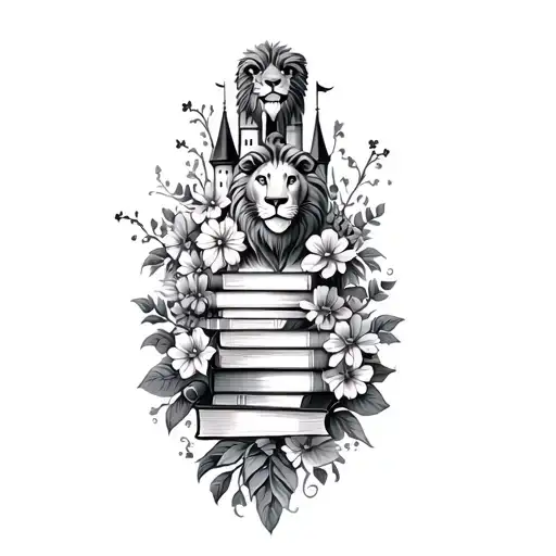 disney castle flowers intertwined, books, lion stacked books tattoo design idea