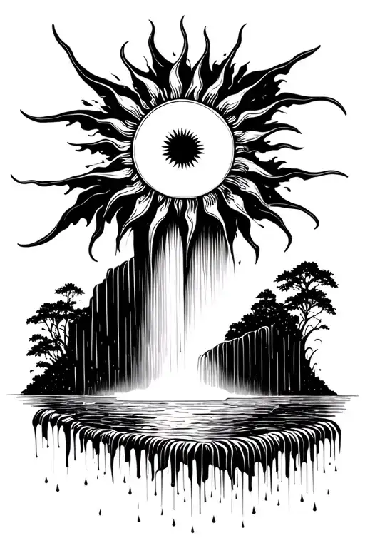 a sun melting into a waterfall that turns into rain tattoo design idea