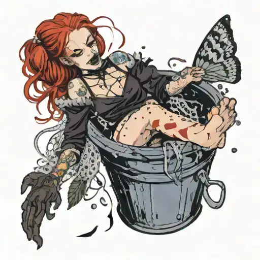 female hooker with red hair and pigtails and fishnet stockings dead body stuffed in a trash can with flies buzzing arou tattoo design idea