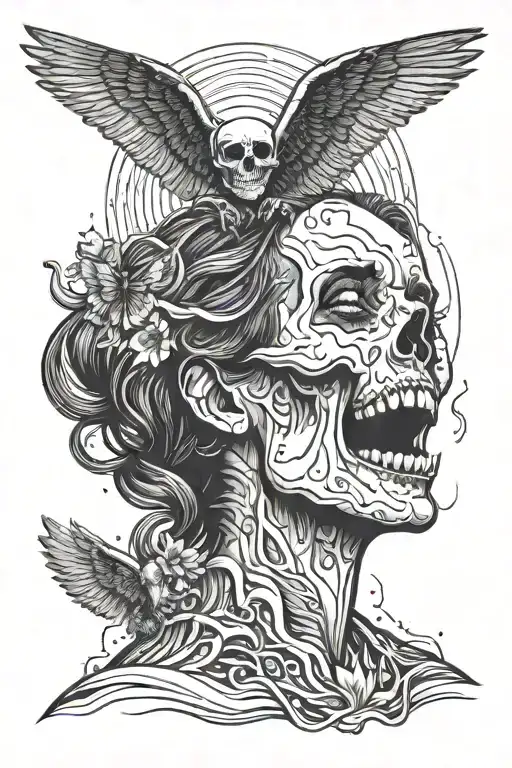 woman screaming alone as evil skull laughs in black and white then woman , develops wings and flies into a colourful sky tattoo design idea