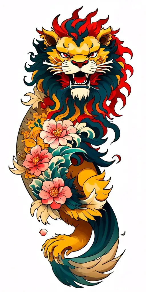 lion shishi on shoulder on arms waves with wind and flowers japanese style tattoo design idea