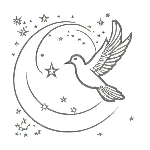 A minimalist design of a peaceful dove flying towards a crescent moon, with tiny stars scattered around it tattoo design idea