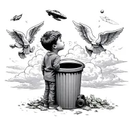 1 kid beside a trash can and looking at far away dreaming for spaceship at the clouds, seeing for 2 angels,flying money tattoo design idea