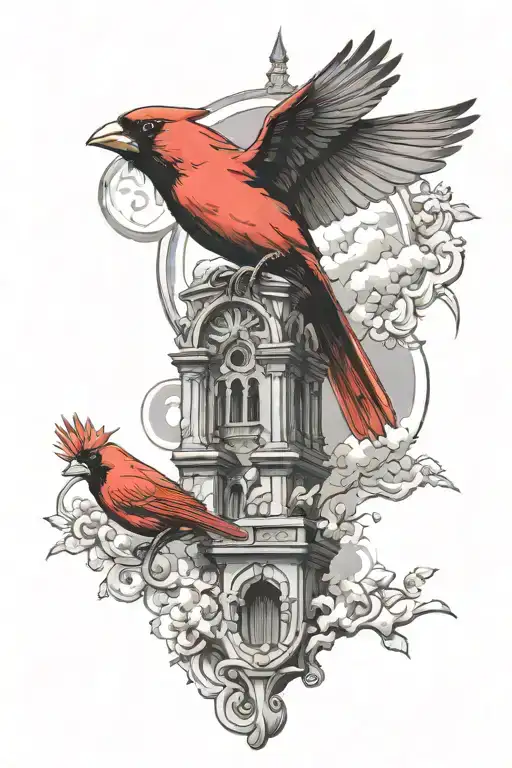 red cardinal flying toward heaven gates tattoo design idea