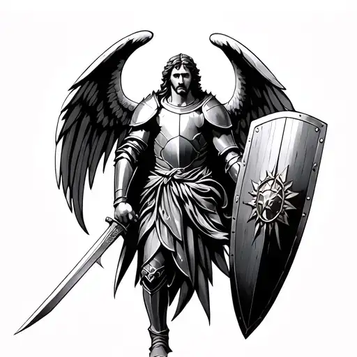 saint michael with the full armor of God on with a sword in one hand and shield in the other tattoo design idea