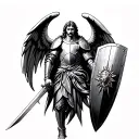 saint michael with the full armor of God on with a sword in one hand and shield in the other tattoo design idea