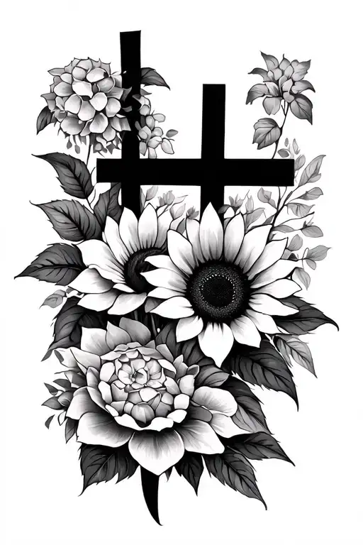 southern magnolias, hydrangeas, sunflowers, and a cross with negative space tattoo design idea