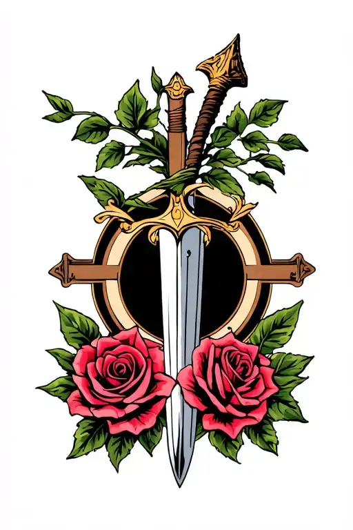 rose bible  sword cross lilly tattoo design idea