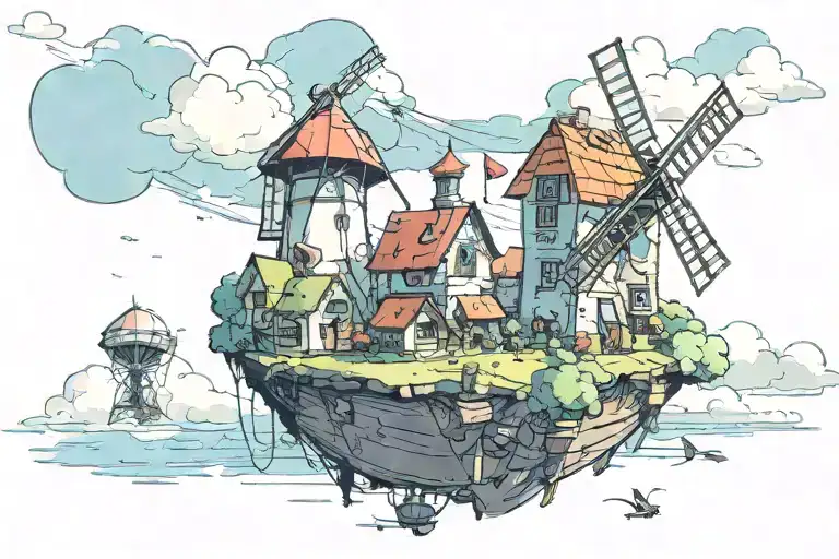 Windmill island floating in the sky by Gorillaz music videos  tattoo design idea