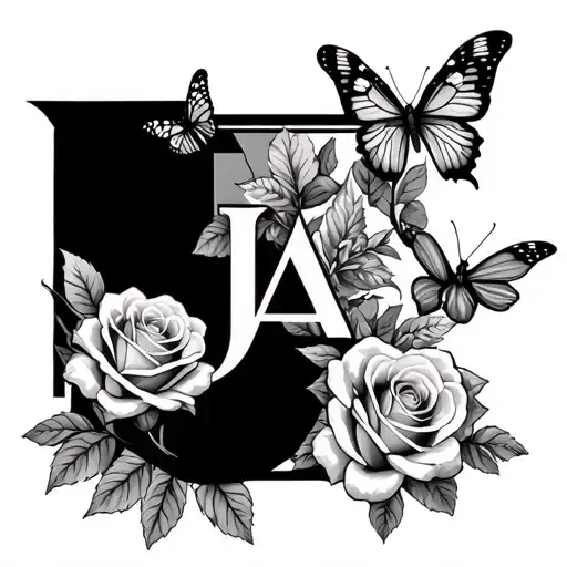 the letter J overlapping the letterA with roses and butterflies tattoo design idea